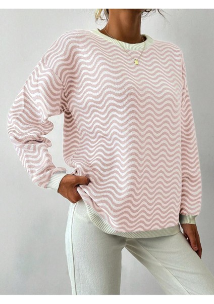 Bisiklet Yaka Dalga Desenli Triko Kazak Pudra fiyatları