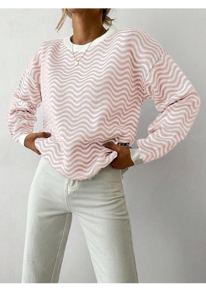 Bisiklet Yaka Dalga Desenli Triko Kazak Pudra modelleri