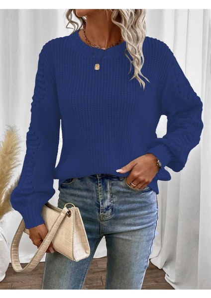 Selanik Örgü Kol Motifli Bisiklet Yaka Saks Mavi Triko Kazak fiyatları