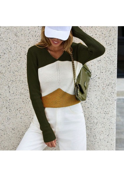 Kadın Haki Beyaz Hardal Renk Bloklu Uzun Kollu Triko Kazak