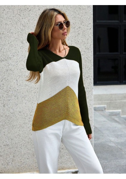 Kadın Haki Beyaz Hardal Renk Bloklu Uzun Kollu Triko Kazak modelleri