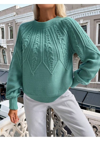 Saç Örgülü Bisiklet Yaka Italyan Kol Triko Kazak Mint