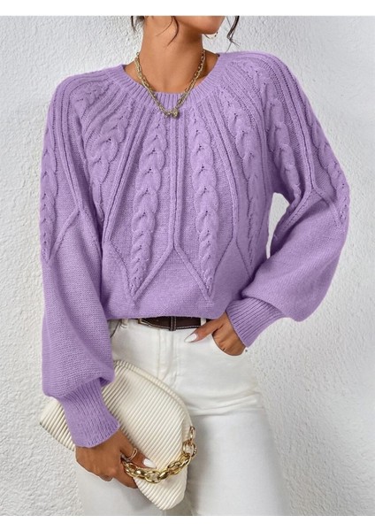 Saç Örgülü Bisiklet Yaka Italyan Kol Triko Lila Kazak modelleri