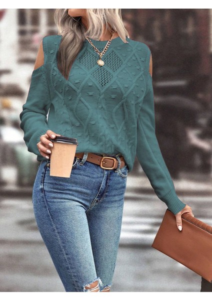 Kadın Bisiklet Yaka File Detaylı Saç Örgü Yürütme Desenli Omuz Detaylı Mint Triko Kazak fiyatları
