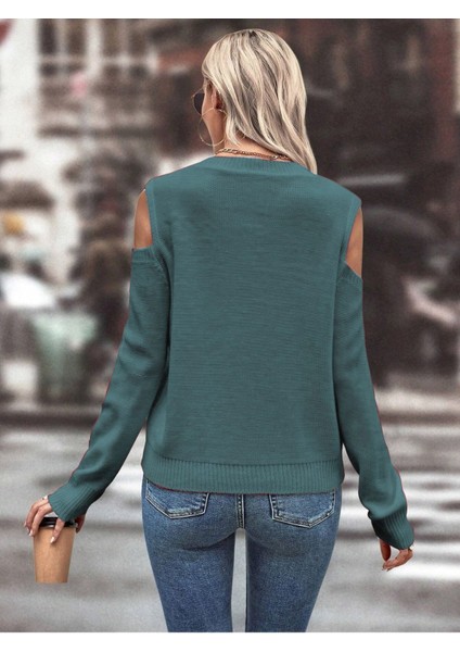 Kadın Bisiklet Yaka File Detaylı Saç Örgü Yürütme Desenli Omuz Detaylı Mint Triko Kazak modelleri