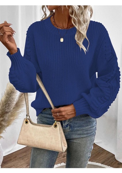 Selanik Örgü Kol Motifli Bisiklet Yaka Saks Mavi Triko Kazak modelleri