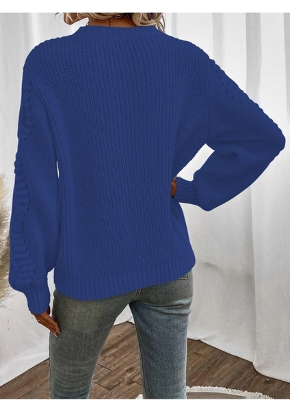 Selanik Örgü Kol Motifli Bisiklet Yaka Saks Mavi Triko Kazak fırsatları