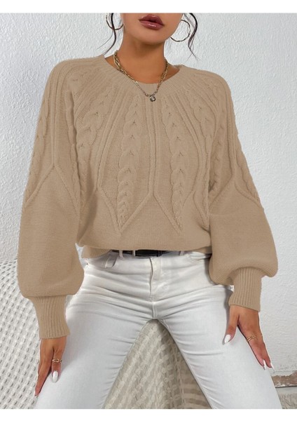 Saç Örgülü Bisiklet Yaka Italyan Kol Triko Taş Kazak