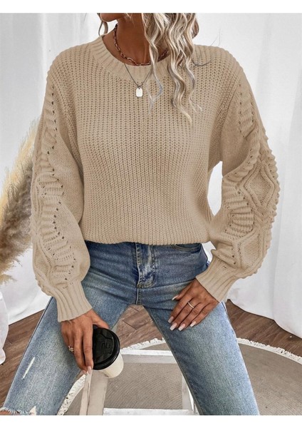 Selanik Örgü Kol Motifli Bisiklet Yaka Taş Renkli Triko Kazak