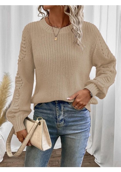 Selanik Örgü Kol Motifli Bisiklet Yaka Taş Renkli Triko Kazak modelleri