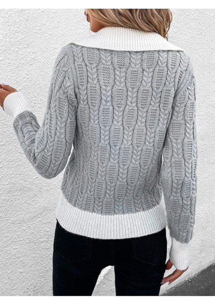 Kadın V Yaka Yürütme Desen Saç Örgü Gri Triko Kazak fiyatları