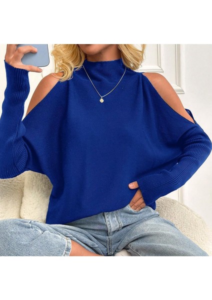 Saks Mavi Omzu Açık Kolları Dekolte Detaylı Balıkçı Yaka fırsatları