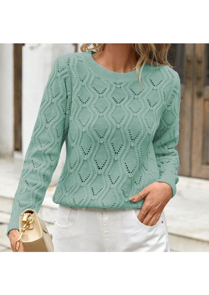 Bisiklet Yaka Ajurlu Yürütme Desenli Triko Kazak Mint