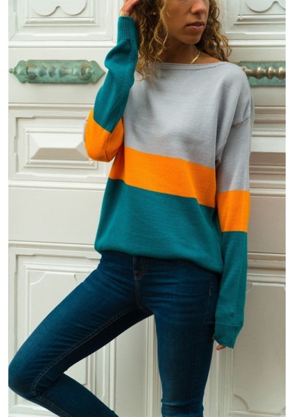 Kadın Üç Bloklu Kazak Gri-Turuncu-Petrol