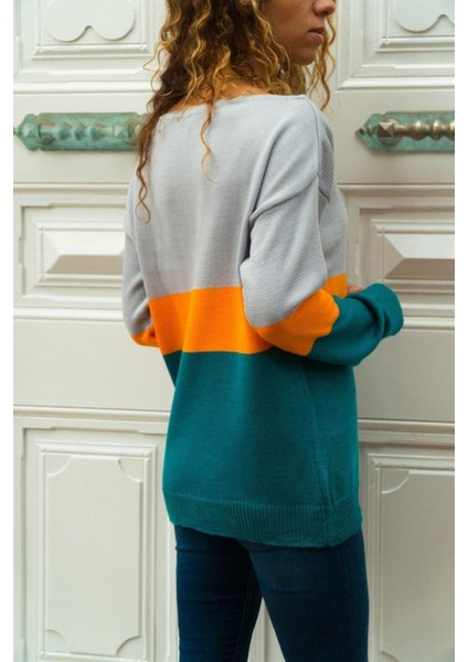 Kadın Üç Bloklu Kazak Gri-Turuncu-Petrol fiyatları