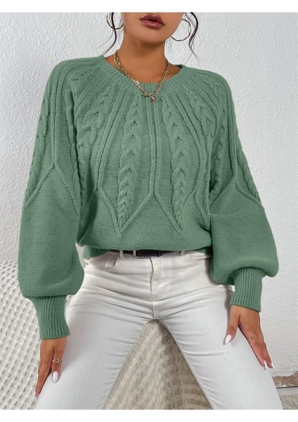 Saç Örgülü Bisiklet Yaka Italyan Kol Triko Mint Kazak