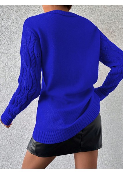 Kadın Bisiklet Yaka Yaprak Desenli Ajurlu Saks Triko Kazak fiyatları