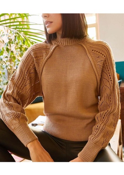 Kadın Kolu Delikli Boğazlı Triko Kazak Camel modelleri