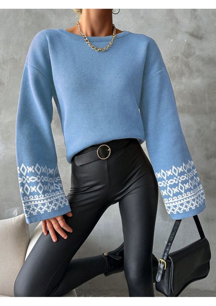 Bisiklet Yaka Salaş Kol Oversize Jakar Desenli Detaylı Bebe Mavi Triko Kazak