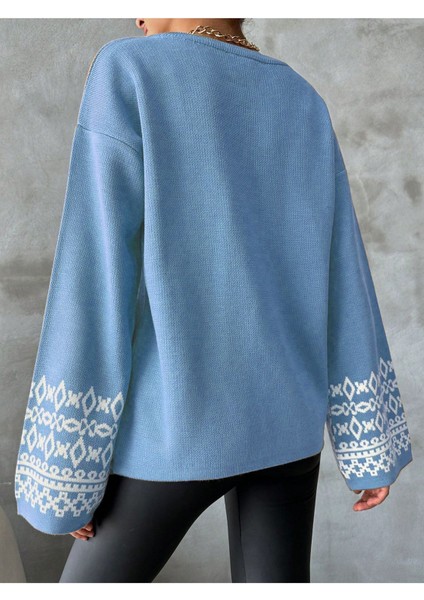 Bisiklet Yaka Salaş Kol Oversize Jakar Desenli Detaylı Bebe Mavi Triko Kazak fiyatları