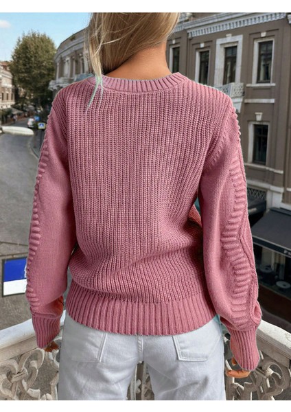 Selanik Örgü Kol Motifli Bisiklet Yaka Triko Kazak Pudra fiyatları