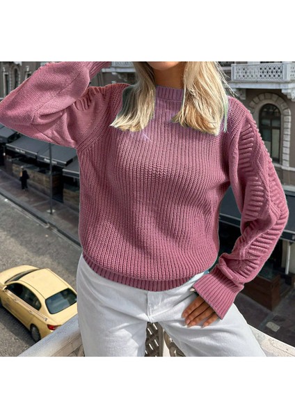 Selanik Örgü Kol Motifli Bisiklet Yaka Triko Kazak Pudra modelleri