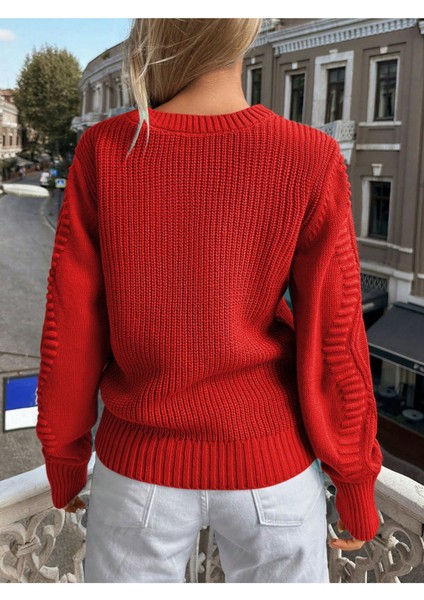 Selanik Örgü Kol Motifli Bisiklet Yaka Triko Kazak Kırmızı fiyatları