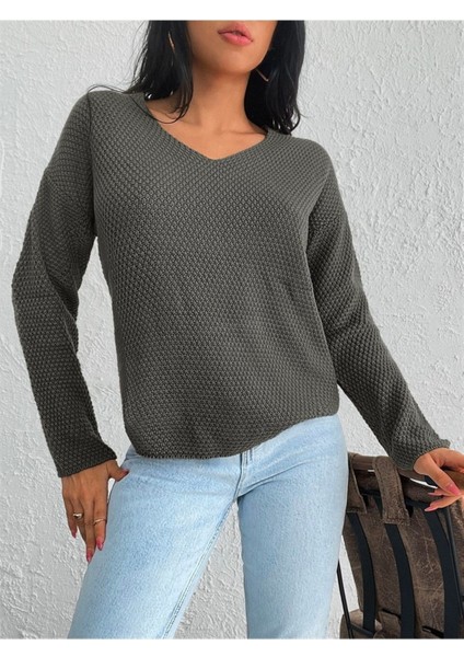 V Yaka Pirinç Örgü Rahat Kalıp Esnek Dokulu Gri Renk Kazak fiyatları