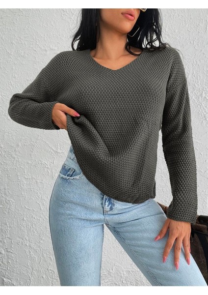 V Yaka Pirinç Örgü Rahat Kalıp Esnek Dokulu Gri Renk Kazak modelleri