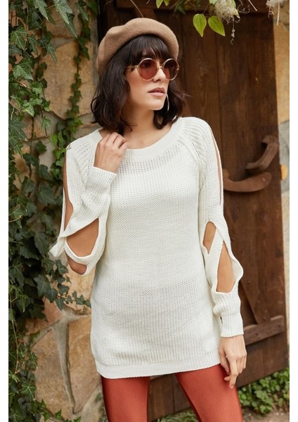 Kadın Ekru Kol Detaylı Triko Kazak modelleri