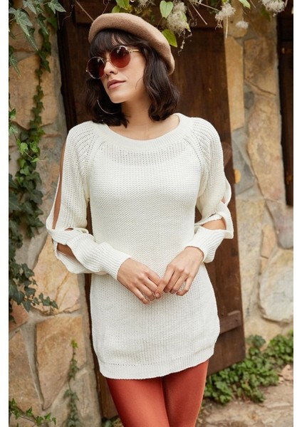 Kadın Ekru Kol Detaylı Triko Kazak fırsatları