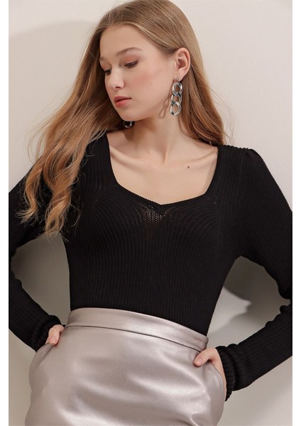 Kadın Siyah U Yaka Triko Kazak fiyatları
