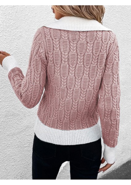 Kadın V Yaka Yürütme Desen Saç Örgü Pudra Triko Kazak fiyatları