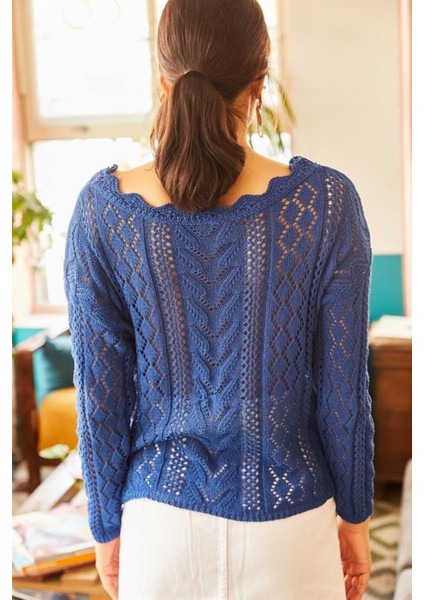 Kadın Saks Mavisi Kayık Yaka Delikli Ajurlu Triko Kazak modelleri