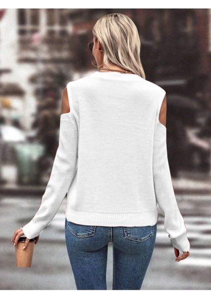 Kadın Bisiklet Yaka File Detaylı Saç Örgü Yürütme Desenli Omuz Detaylı Beyaz Triko Kazak fiyatları