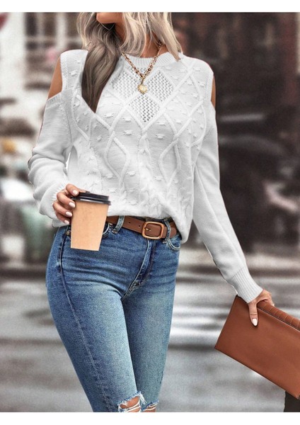 Kadın Bisiklet Yaka File Detaylı Saç Örgü Yürütme Desenli Omuz Detaylı Beyaz Triko Kazak modelleri
