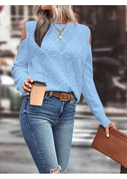 Kadın Bisiklet Yaka File Detaylı Saç Örgü Yürütme Desenli Omuz Detaylı Bebe Mavi Triko Kazak