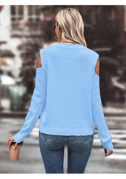 Kadın Bisiklet Yaka File Detaylı Saç Örgü Yürütme Desenli Omuz Detaylı Bebe Mavi Triko Kazak modelleri