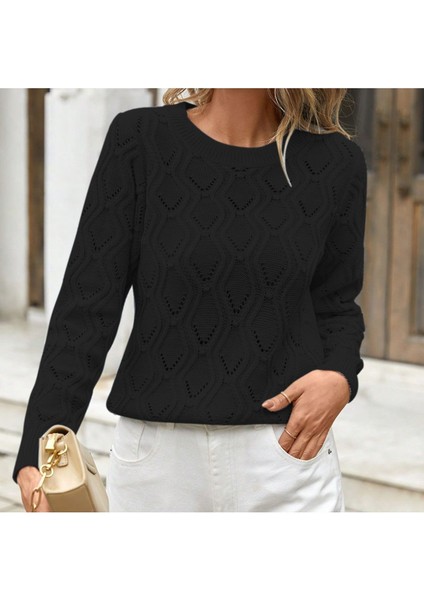 Bisiklet Yaka Ajurlu Yürütme Desenli Triko Kazak Siyah modelleri