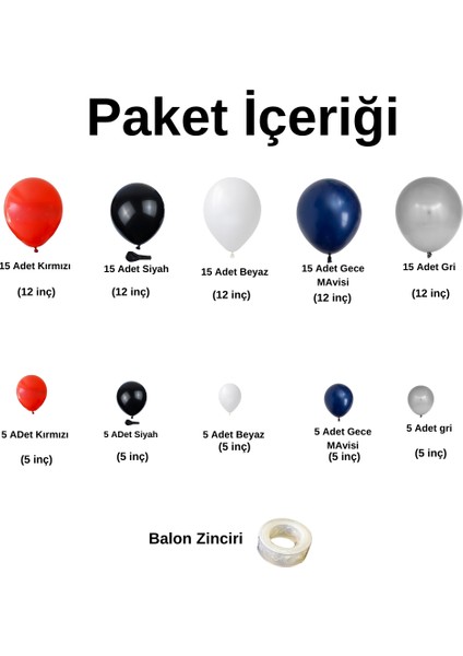 Balon Seti Kırmızı-Siyah-Beyaz-Gece Mavisi-Gri Pastel 100 Lü Balon Zinciri Seti fiyatları