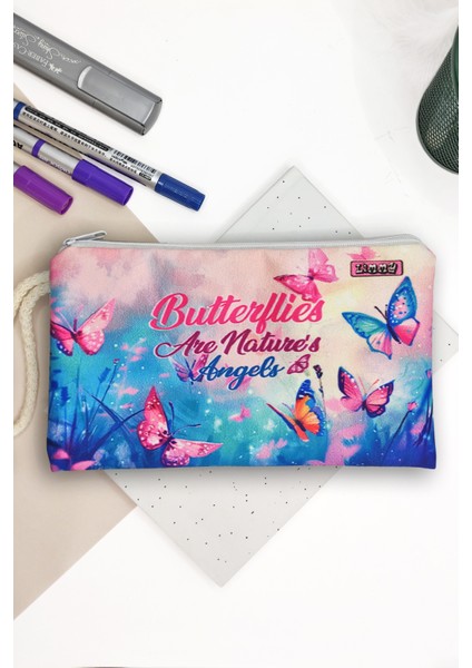 Kelebek Desenli Kalem Kutusu Yıkanabilir Bez Kalemlik