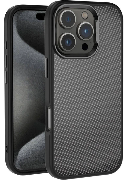 Case 4u Apple iPhone 16 Pro Max Kılıf Karbon Fiber Görünümlü Parlak Kamera Çerçeveli Venus Kapak Siyah