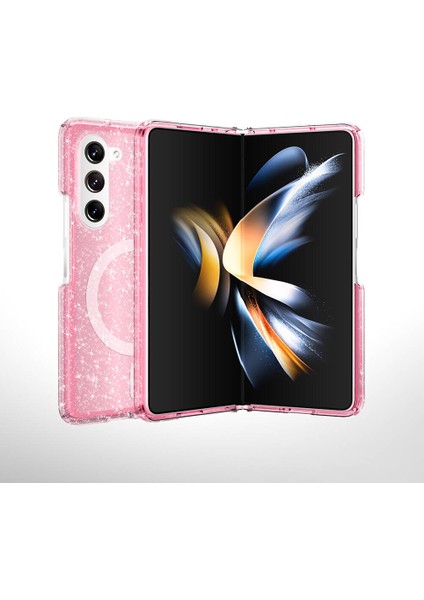 Galaxy Z Fold 6 Kılıf Magsafe Şarj Özellikli Parlayan Simli Saydam Renkli Allstar Kapak Pembe