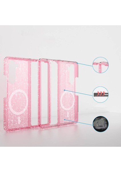 Galaxy Z Fold 6 Kılıf Magsafe Şarj Özellikli Parlayan Simli Saydam Renkli Allstar Kapak Pembe