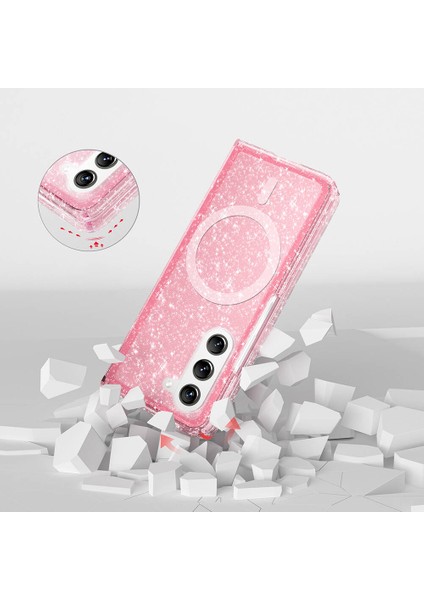 Galaxy Z Fold 6 Kılıf Magsafe Şarj Özellikli Parlayan Simli Saydam Renkli Allstar Kapak Pembe