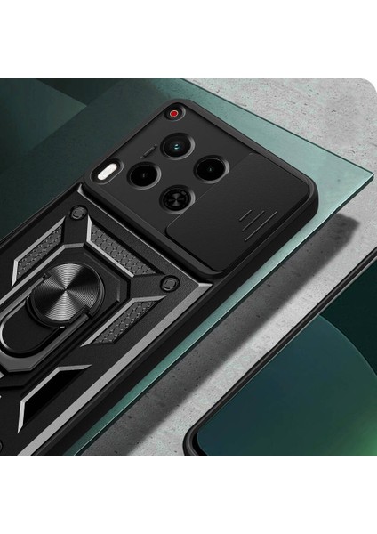 Case 4u Tecno Camon 30 Kılıf Magnetik Standlı Kamera Korumalı Sürgülü Vega Kapak Siyah