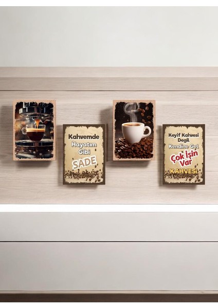 Kahve Tarasımlı Mdf Tablo Dekoratif Hediyelik 4 Parça 14X20 cm