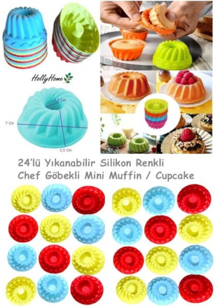 Holly Home 24'lü Yıkanabilir Mini Chef Göbekli Muffin Pişirme Kalıbı, Silikon Kek, Cupcake, Hamur Işi Kap