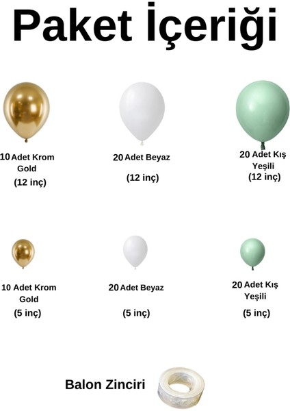 Balon Seti Kış Yeşili-Beyaz-Krom Gold 100 Lü Balon Zinciri Seti fiyatları