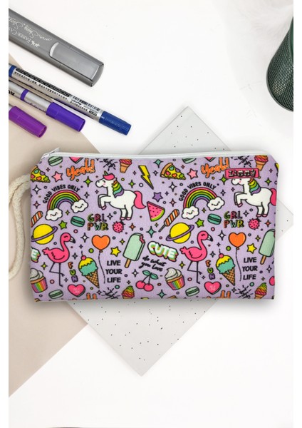 Mor Unicorn Flamingo Desenli Kalem Kutusu Yıkanabilir Bez Kalemlik